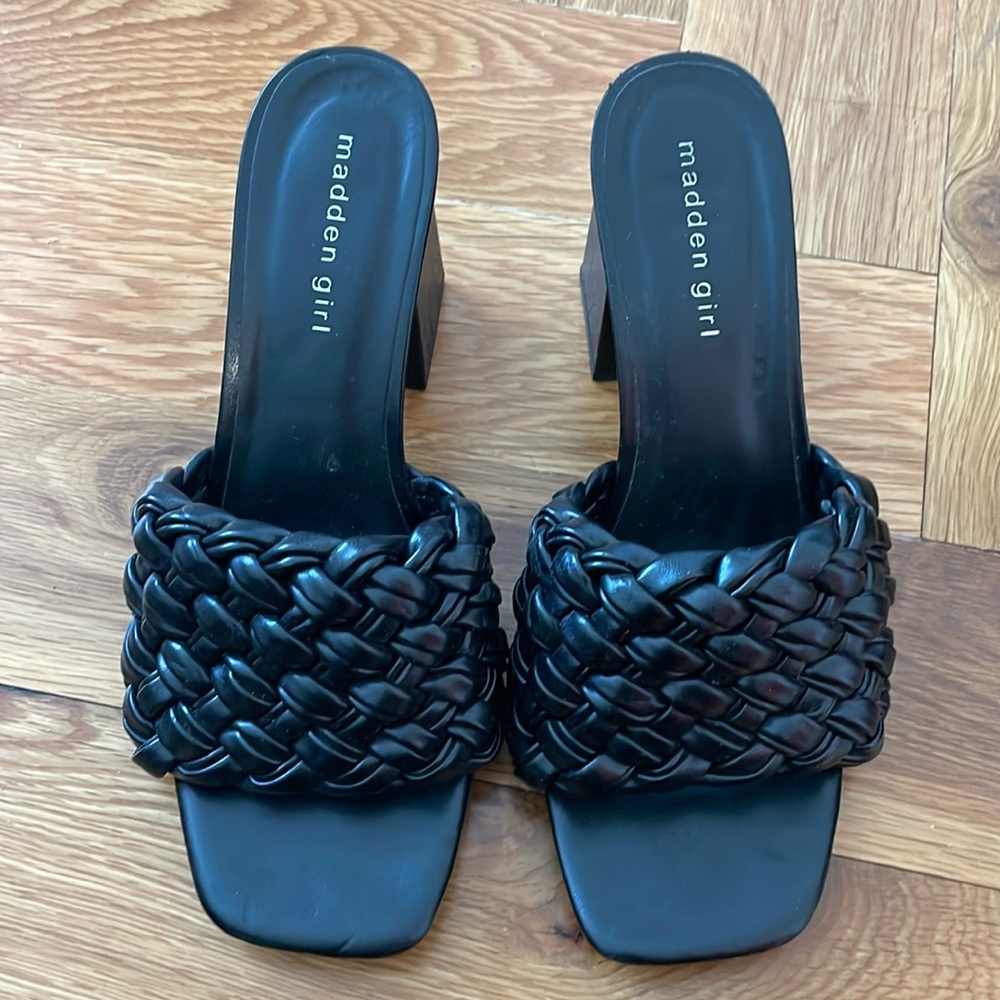 Madden Girl Gretchen Heels - chunky slip on heels with thick braided strap